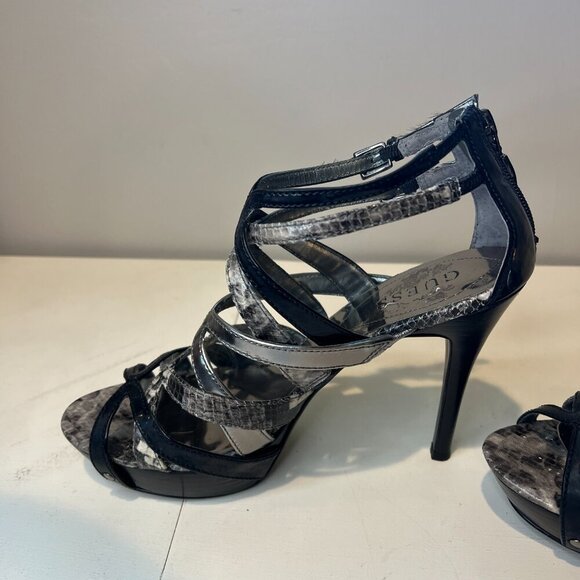 Like New Guess Black/Silver/Metallic Snakeskin Strappy Stiletto Heels, Size 8M - Picture 5 of 13